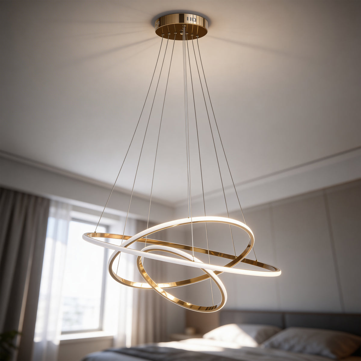 Lampa Movimento wisząca LED z trzema pętlami światła w stylu glamour – w aranżacji wnętrza