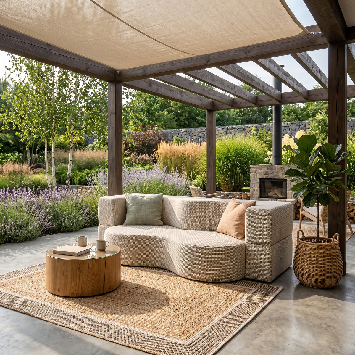 Kamelia Outdoor Foam Sofa Bed in Modern Style with Organic Form in Harris Outdoor Fabric – in a room setting