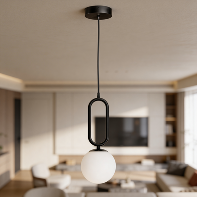 Obal Pendant Lamp with Spherical Shade and Black Frame, Loft Style – in a room setting