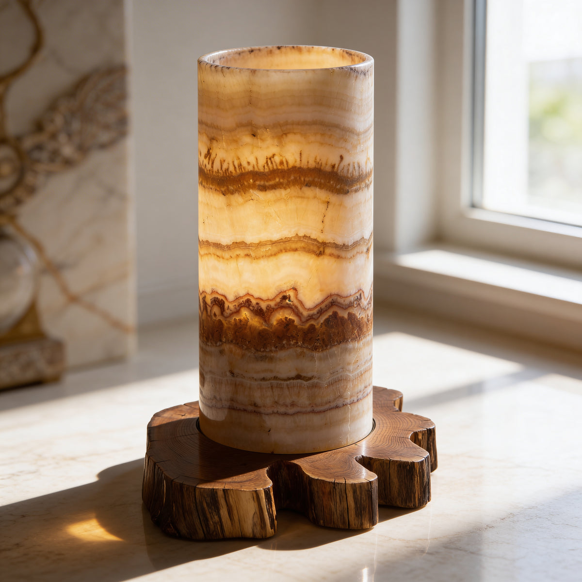 Lampa Sirelis z naturalnego onyksu w stylu eleganckim – w aranżacji wnętrza