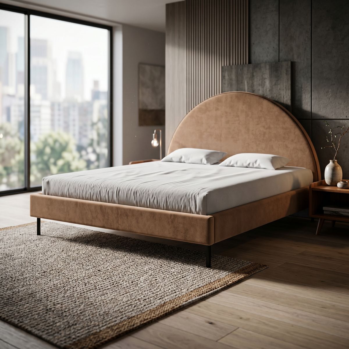 Łóżko tapicerowane Zora 140x200, 160x200 i 180x200 z półokrągłym zagłówkiem i pojemnikiem w stylu soft modern – w aranżacji wnętrza