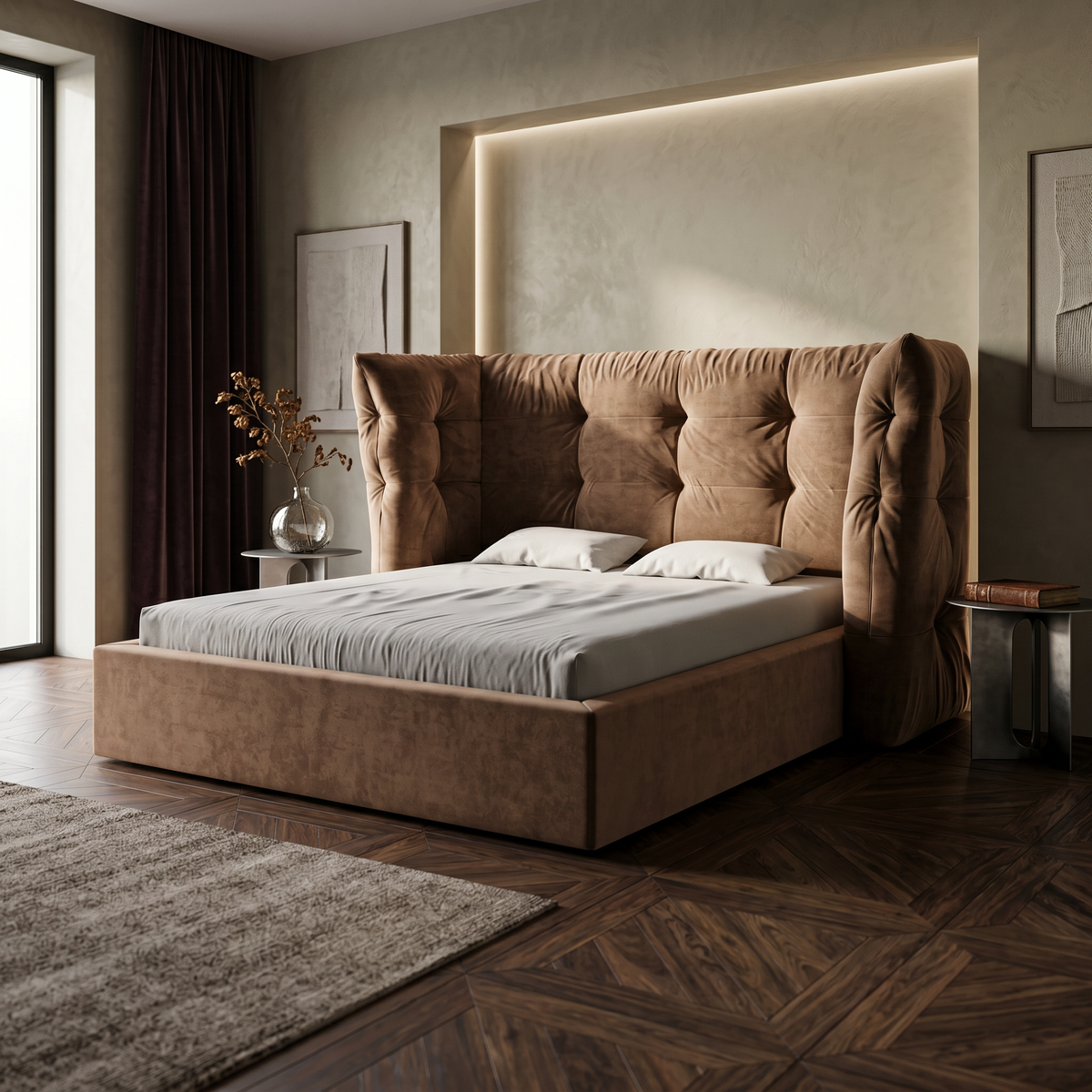 Łóżko tapicerowane Diara 140x200, 160x200 i 180x200 pikowane z pojemnikiem w stylu glamour – w aranżacji wnętrza