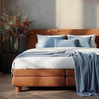 Portela Continental Divan Bed with a Rounded Headboard 140x200, 160x200 and 180x200, Modern Organic Style – in a room setting