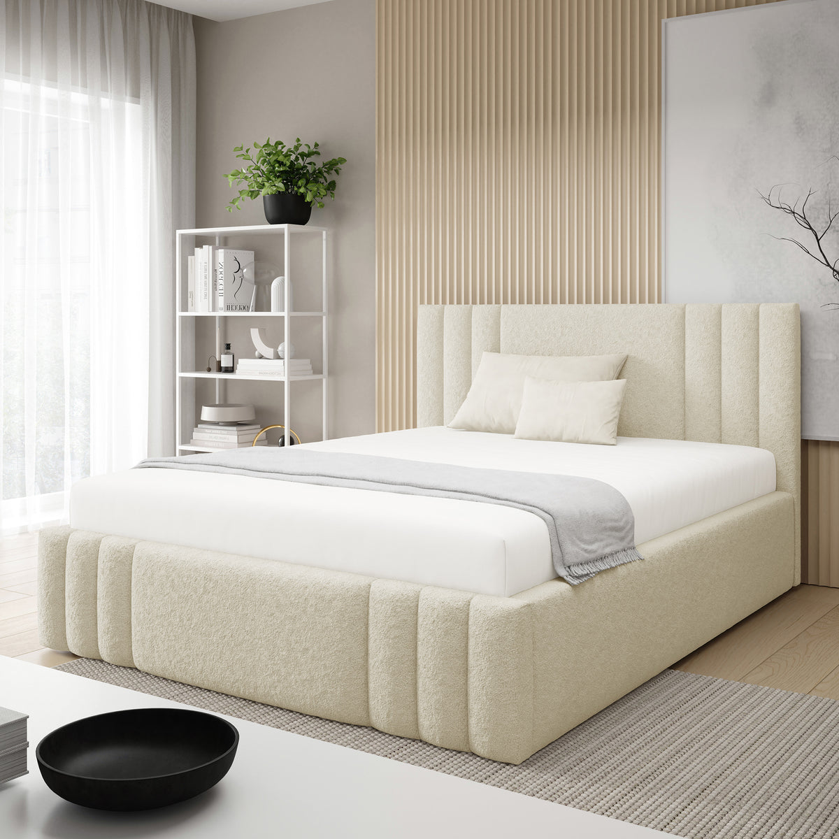 Łóżko tapicerowane Falda 140x200, 160x200 i 180x200 z pojemnikiem w stylu eleganckim, tkanina Lambi – w aranżacji wnętrza