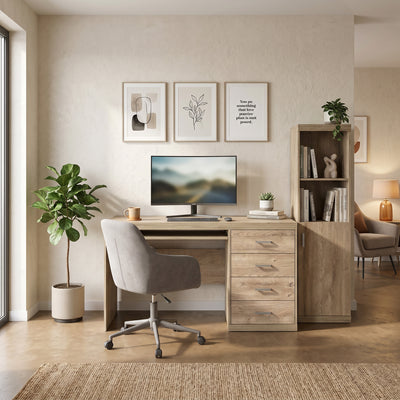 Korin desk 120x78 in a study with a monitor, a grey chair and a bookcase – desk for a home office