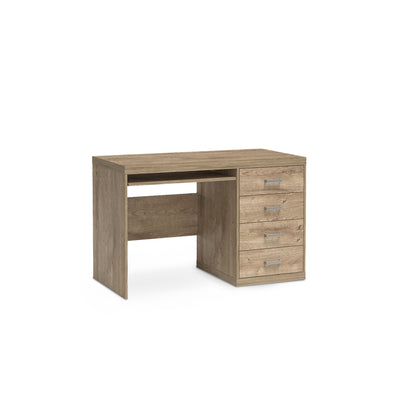 Korin desk 120x78 in oak – desk with four drawers and a pull-out keyboard shelf, angled view