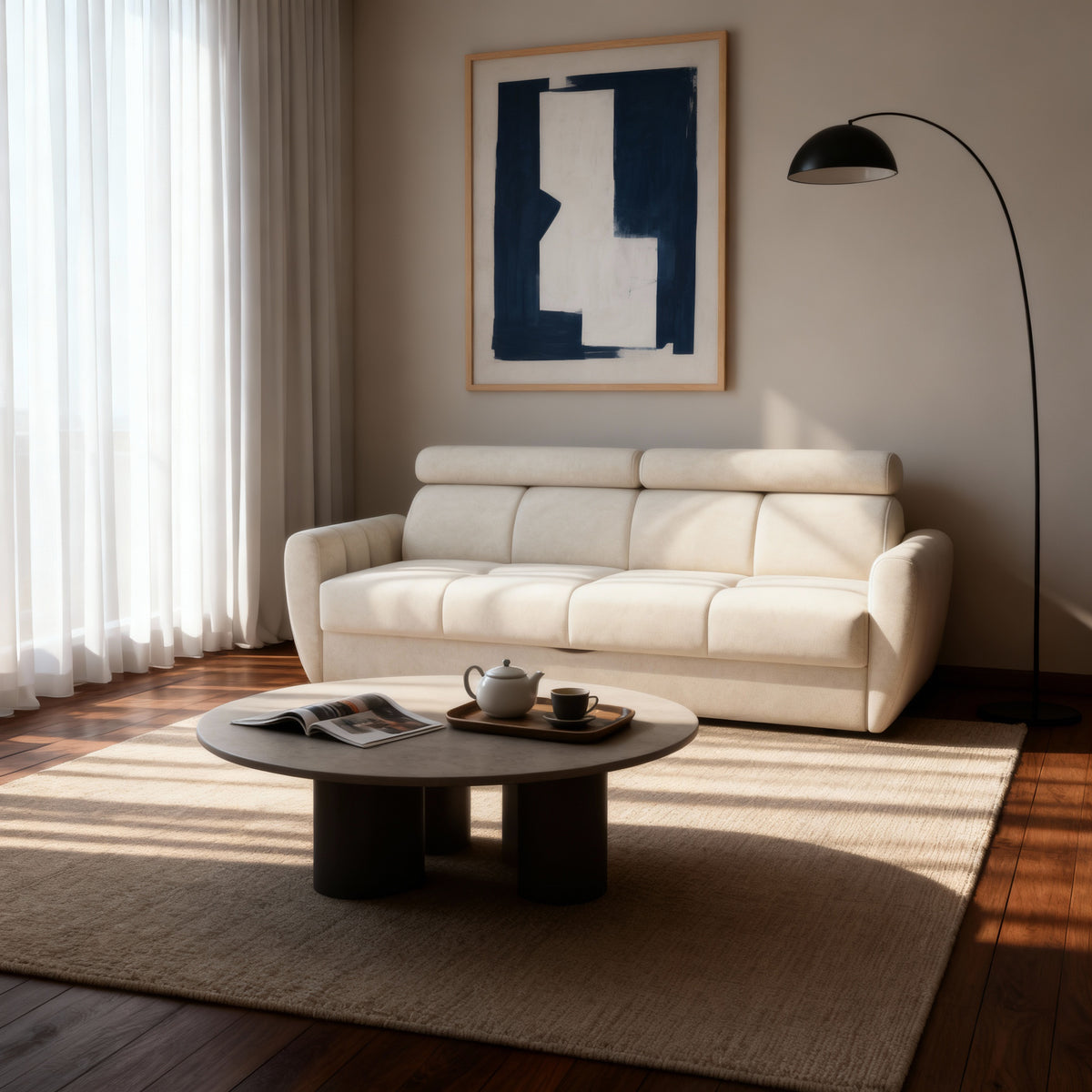 Sofa Franec, kanapa z funkcją spania 3-osobowa 227 cm w stylu minimalistycznym – w aranżacji wnętrza