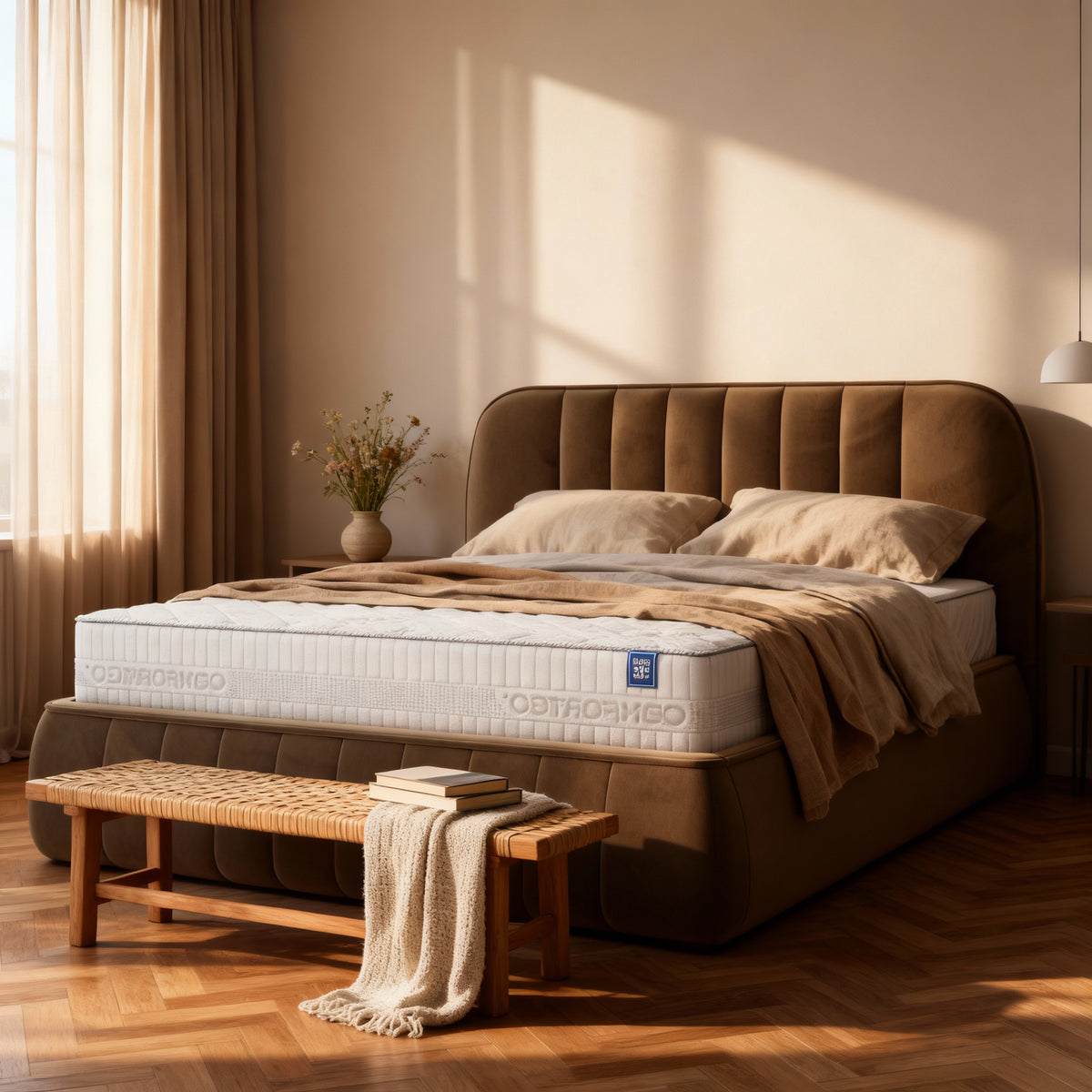 Łóżko tapicerowane Carla 140x200, 160x200 i 180x200 z pojemnikiem w stylu soft minimalism – w aranżacji wnętrza