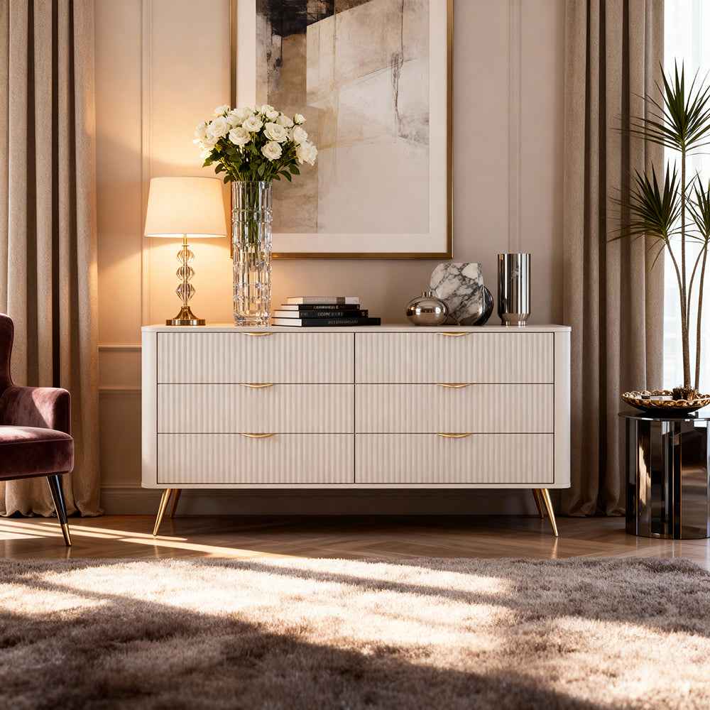 Komoda Laanti 163x81 z 6 szufladami w stylu eleganckim – w aranżacji wnętrza