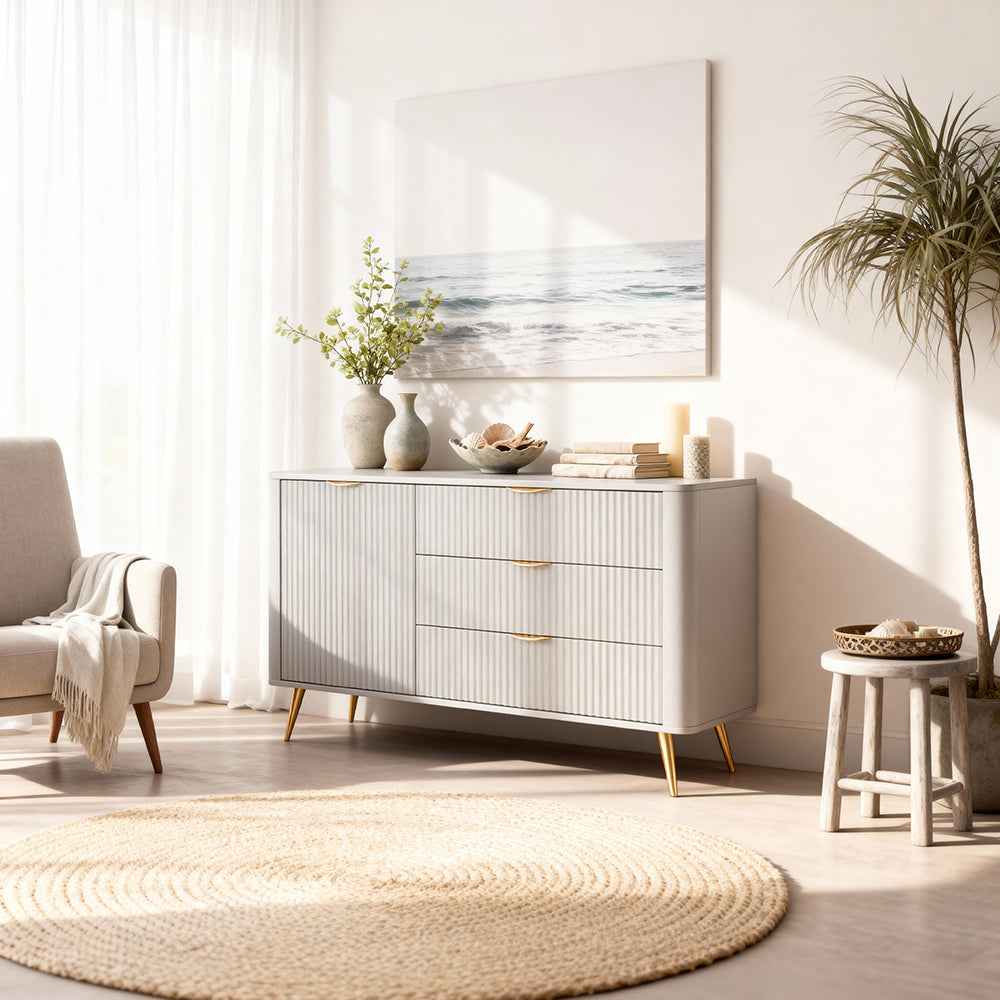 Komoda Laanti 138x81 z szufladami i drzwiami w stylu eleganckim – w aranżacji wnętrza