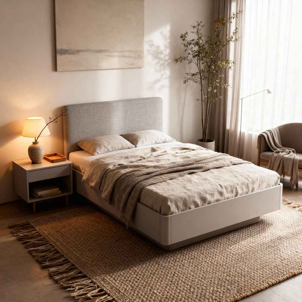 Łóżko tapicerowane Laanti z pojemnikiem 160x200 w stylu modern – w aranżacji wnętrza