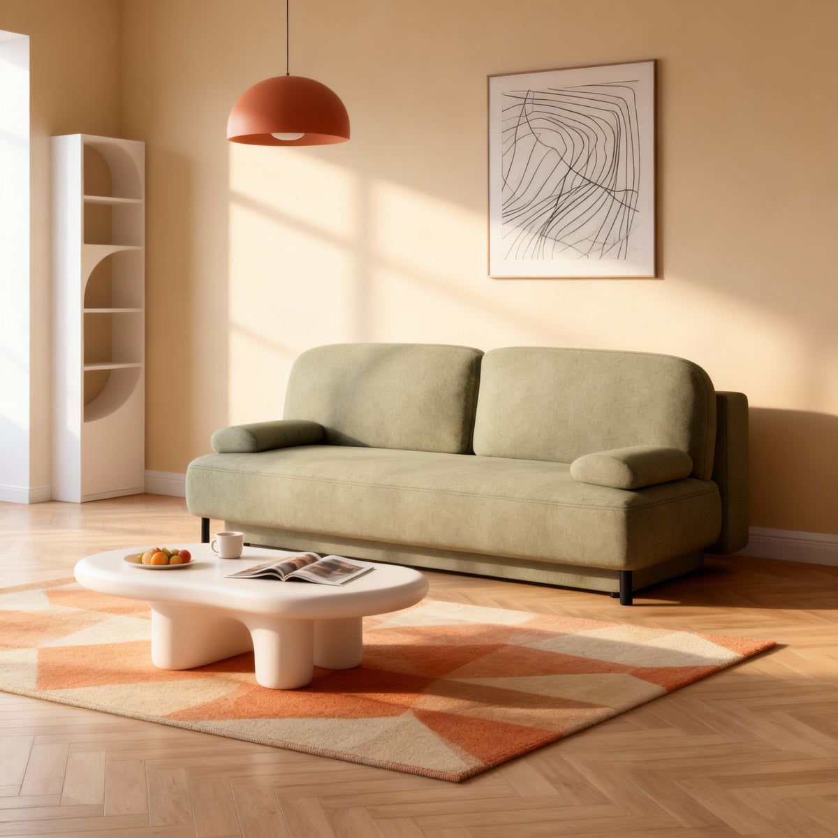 Sofa Tola 2-osobowa, kanapa z funkcją spania 140x200 z pojemnikiem w stylu nowoczesnym – w aranżacji wnętrza