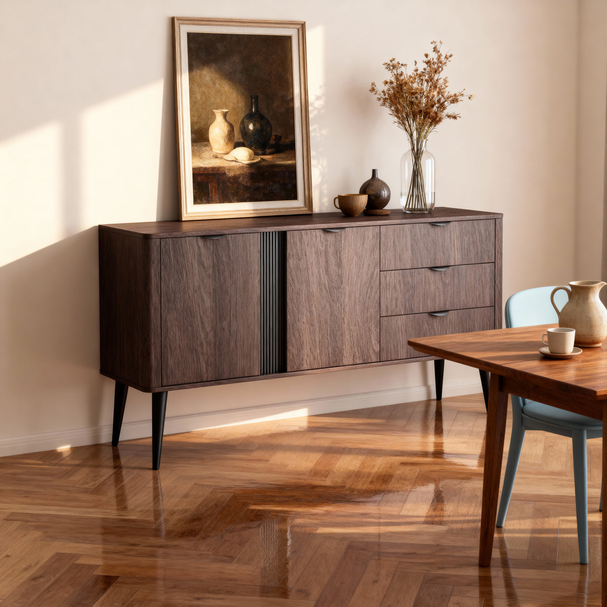 Komoda Velia szeroka 195x81 z szafkami i szufladami w stylu soft loft – w aranżacji wnętrza