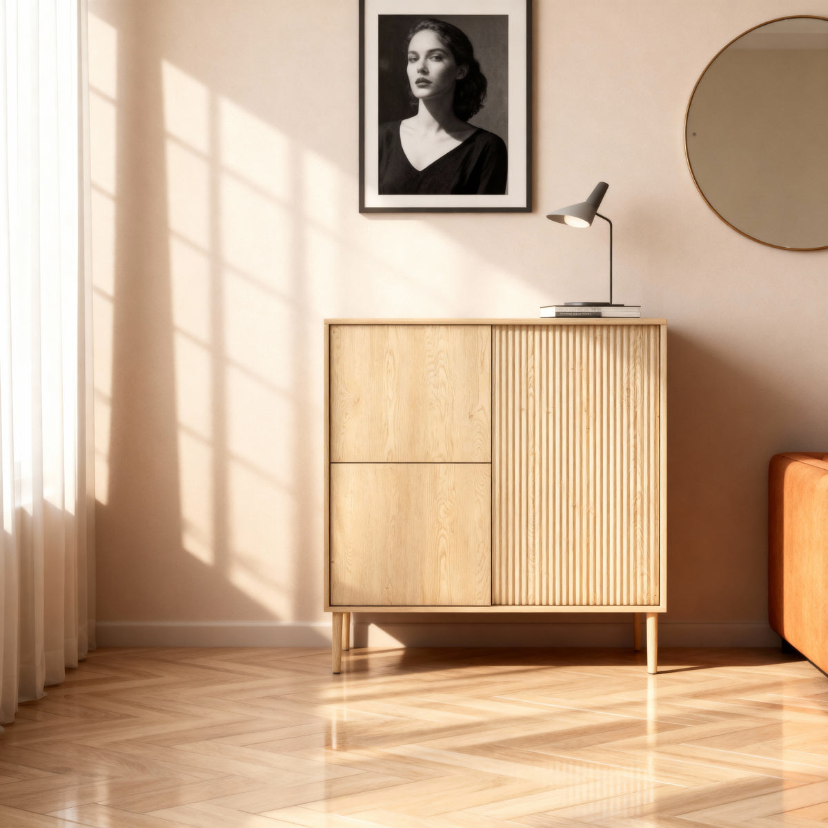 Komoda Viola 3-drzwiowa 104x122 w stylu japandi – w aranżacji wnętrza