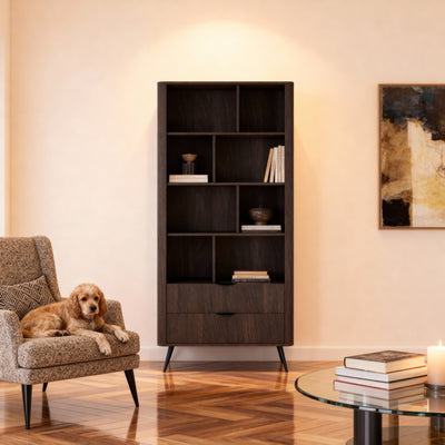Regał Velia 88x194 z otwartymi półkami i szufladami w stylu soft loft – w aranżacji wnętrza