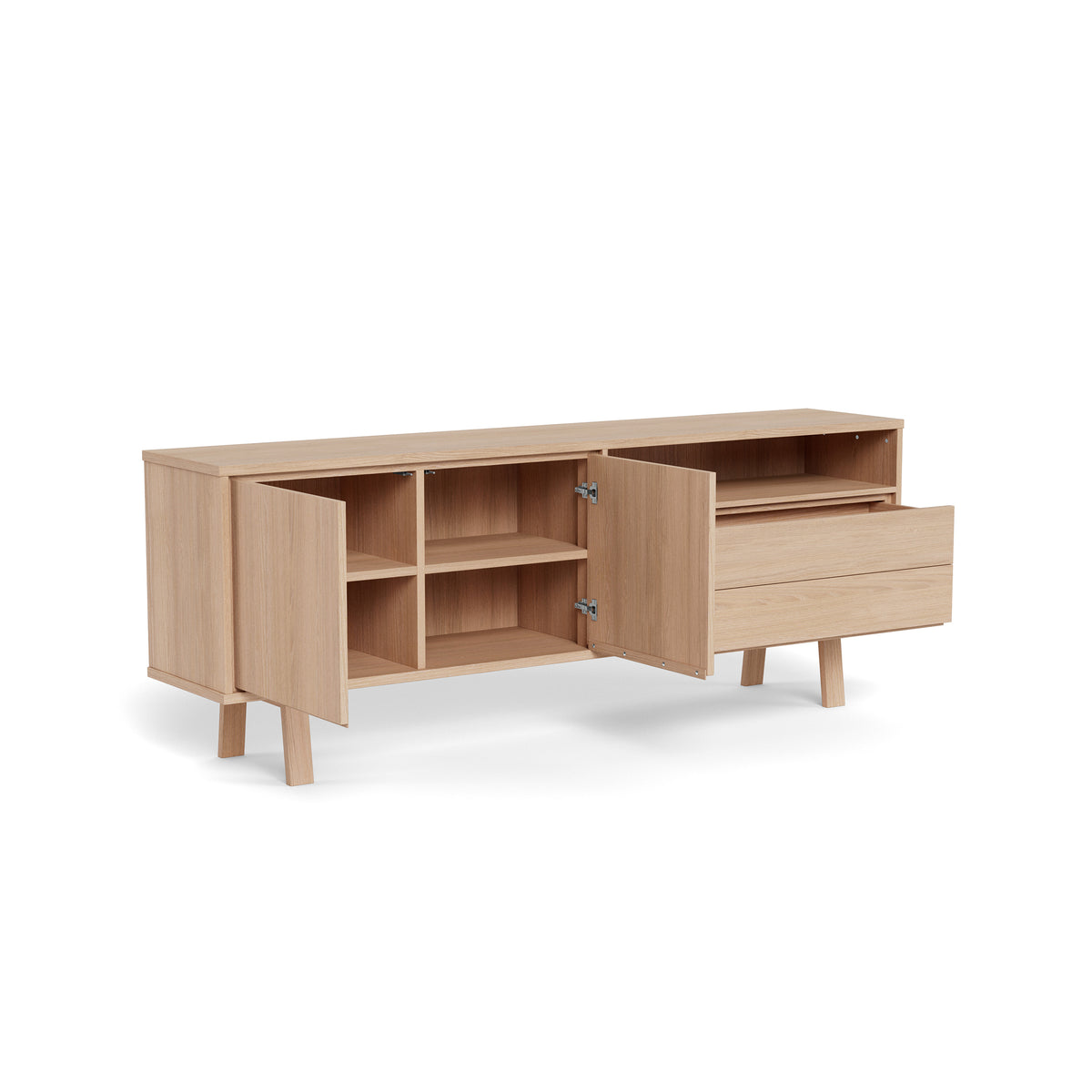 Lurisse chest of drawers, 200x75, bleached oak, with open doors and a drawer – interior with a divider and shelves