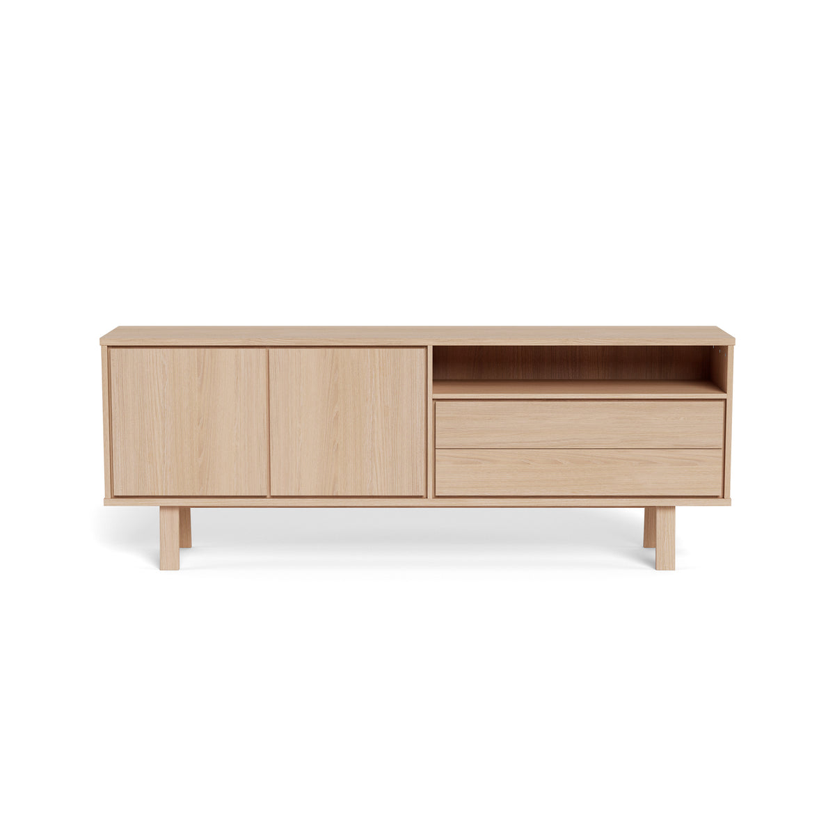 Lurisse chest of drawers, 200x75, bleached oak – front view, two doors and two handle-free drawers with push-to-open mechanism