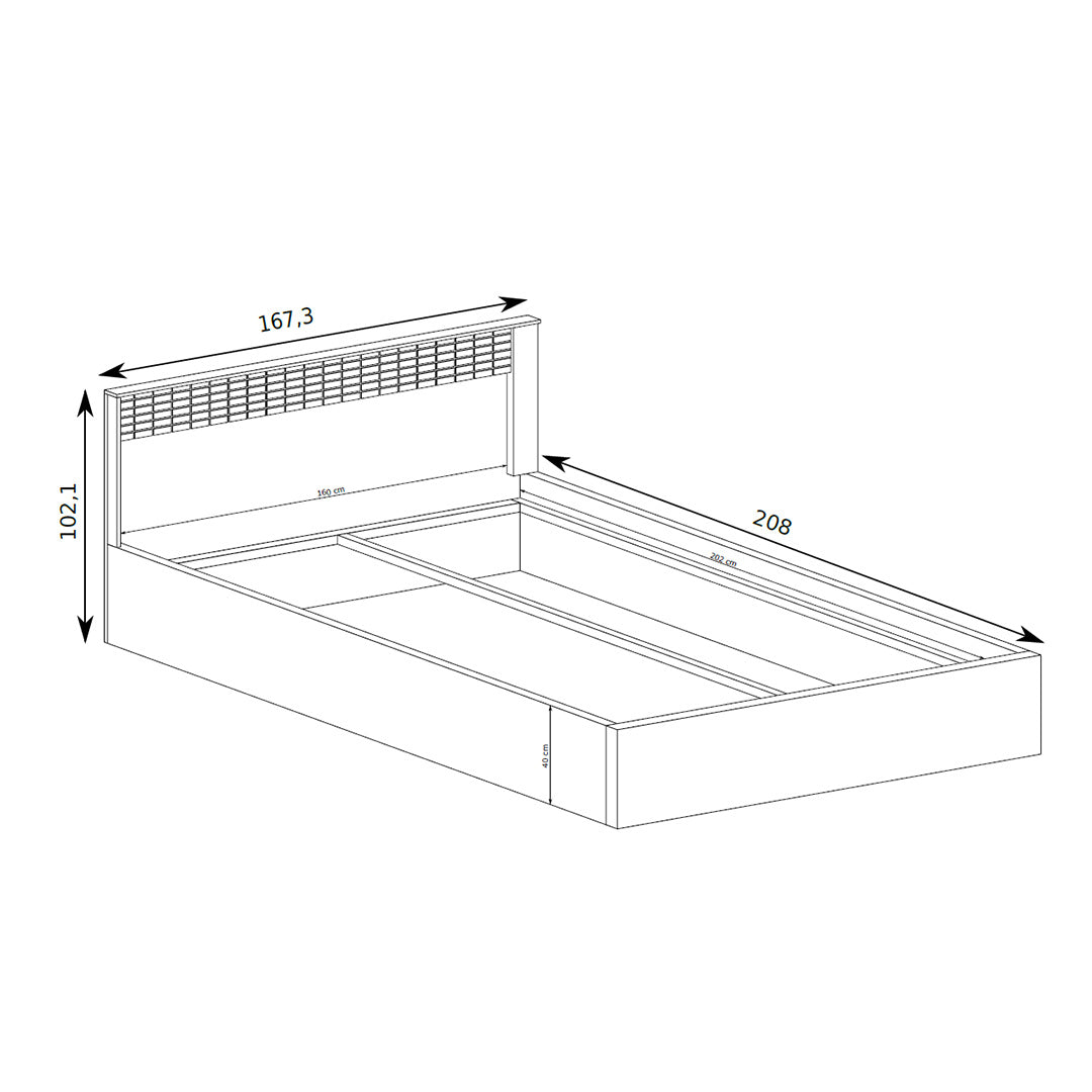Korin bed 160x200 – dimension drawing with width, length and height