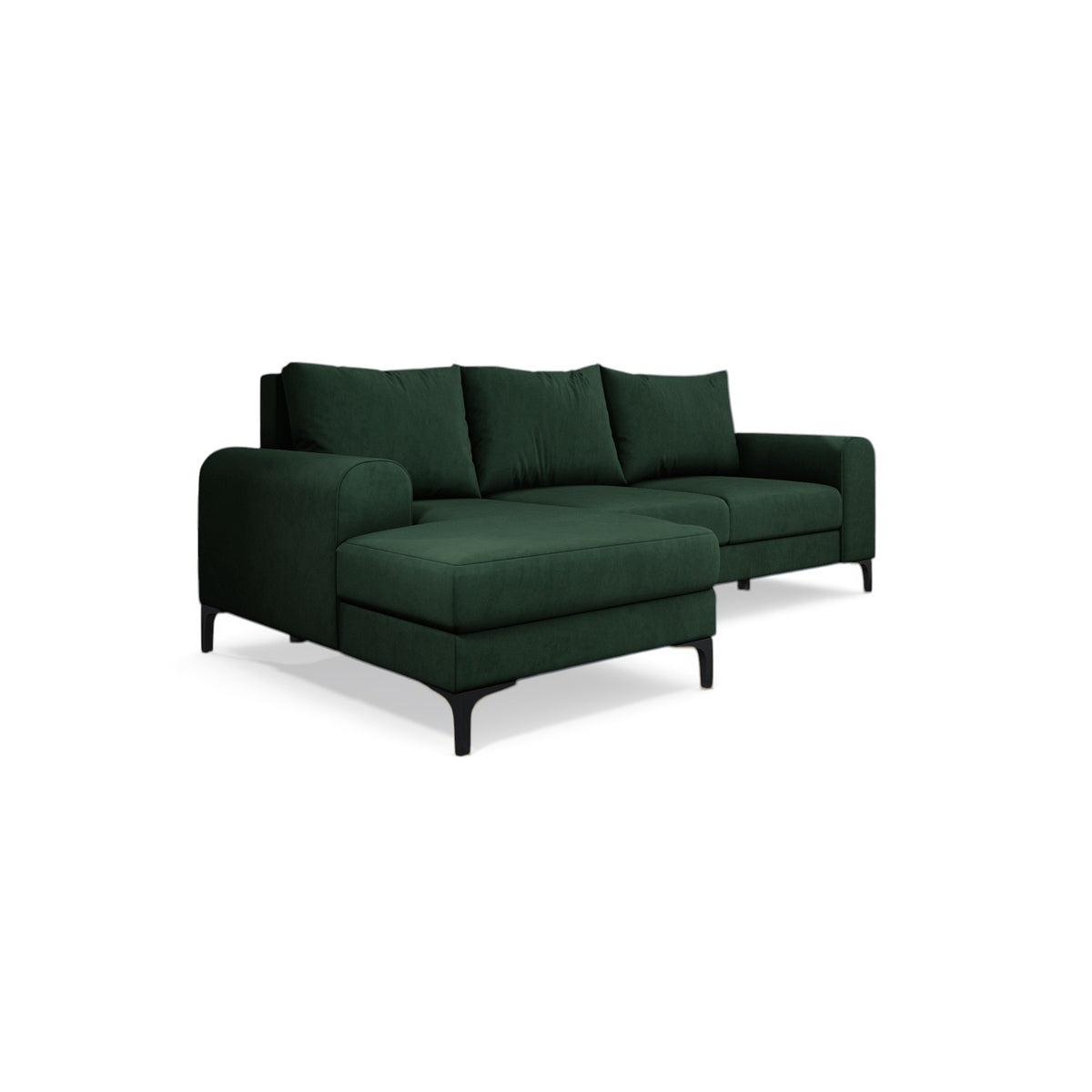 Arpelo 245x145 corner sofa left-hand Forest Moss (MANILA 35) on black legs – a modern boho-style corner sofa