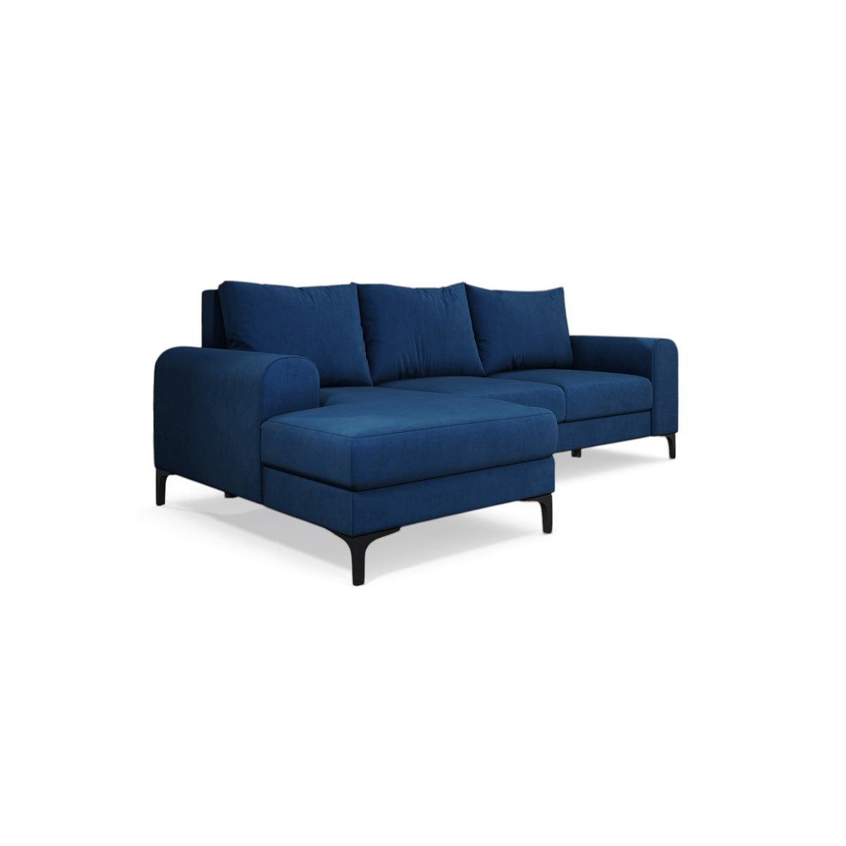 Arpelo 245x145 corner sofa left-hand Midnight Sapphire (MANILA 26) on black legs – a modern corner sofa with cushions