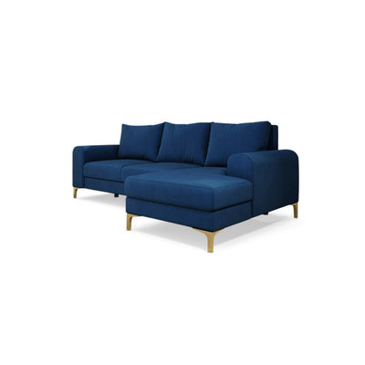 Arpelo 245x145 corner sofa right-hand Midnight Sapphire (MANILA 26) on gold legs – chaise longue on the right, viewed from an angle