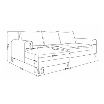 Arpelo 245x145 corner sofa – a dimensional drawing showing the width, height and depth of the seat and chaise longue