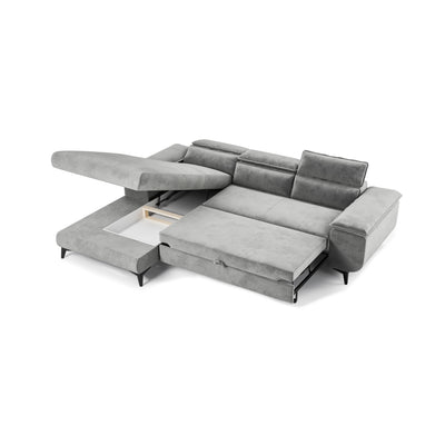 Bessi corner sofa, 276x205, with the chaise longue storage compartment open – corner sofa with bedding storage