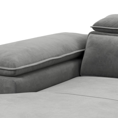 Bessi corner sofa, 276x205, Ash Mist (MONOLITH 84) – close-up of the armrest, headrest and velour upholstery