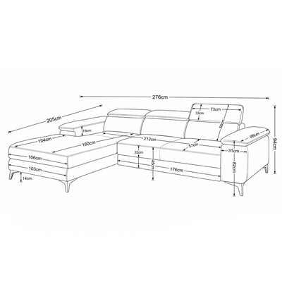 Bessi corner sofa, 276x205 – dimension drawing with width, height, chaise longue and headrest dimensions