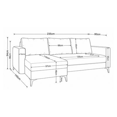 Forra corner sofa dimension drawing – 235 × 145 × 94 cm, Steel Grey (MANILA 16)