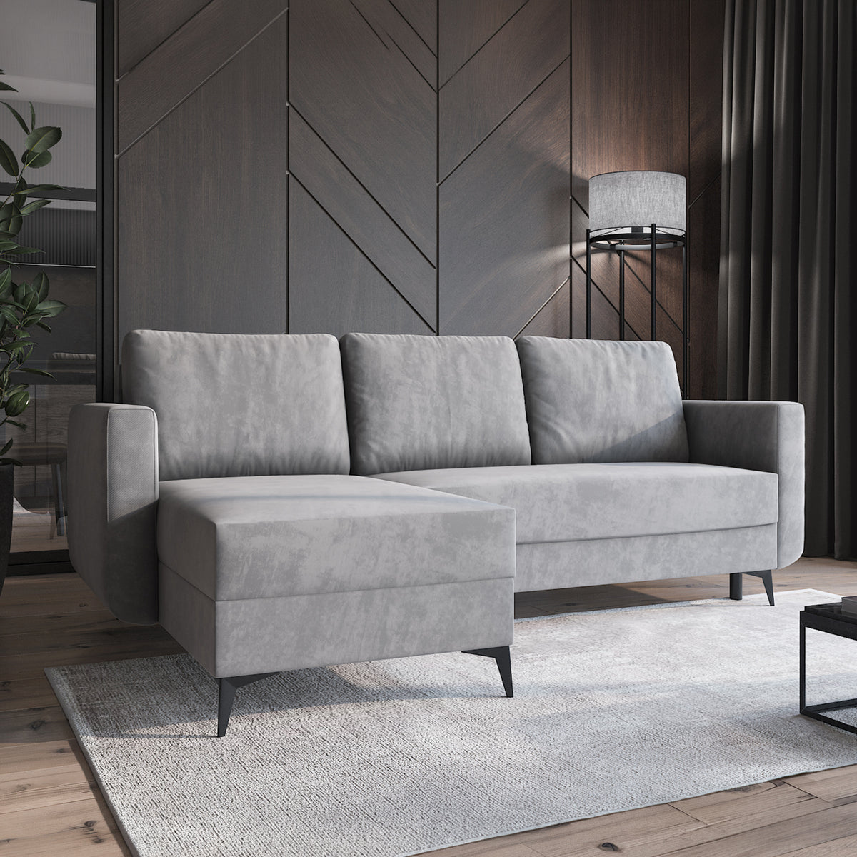 Forra corner sofa, Steel Grey (MANILA 16), lifestyle photo with a rug and a floor lamp in the living room