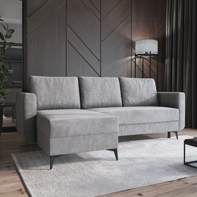 Forra corner sofa, Steel Grey (MANILA 16), lifestyle photo with a rug and a floor lamp in the living room