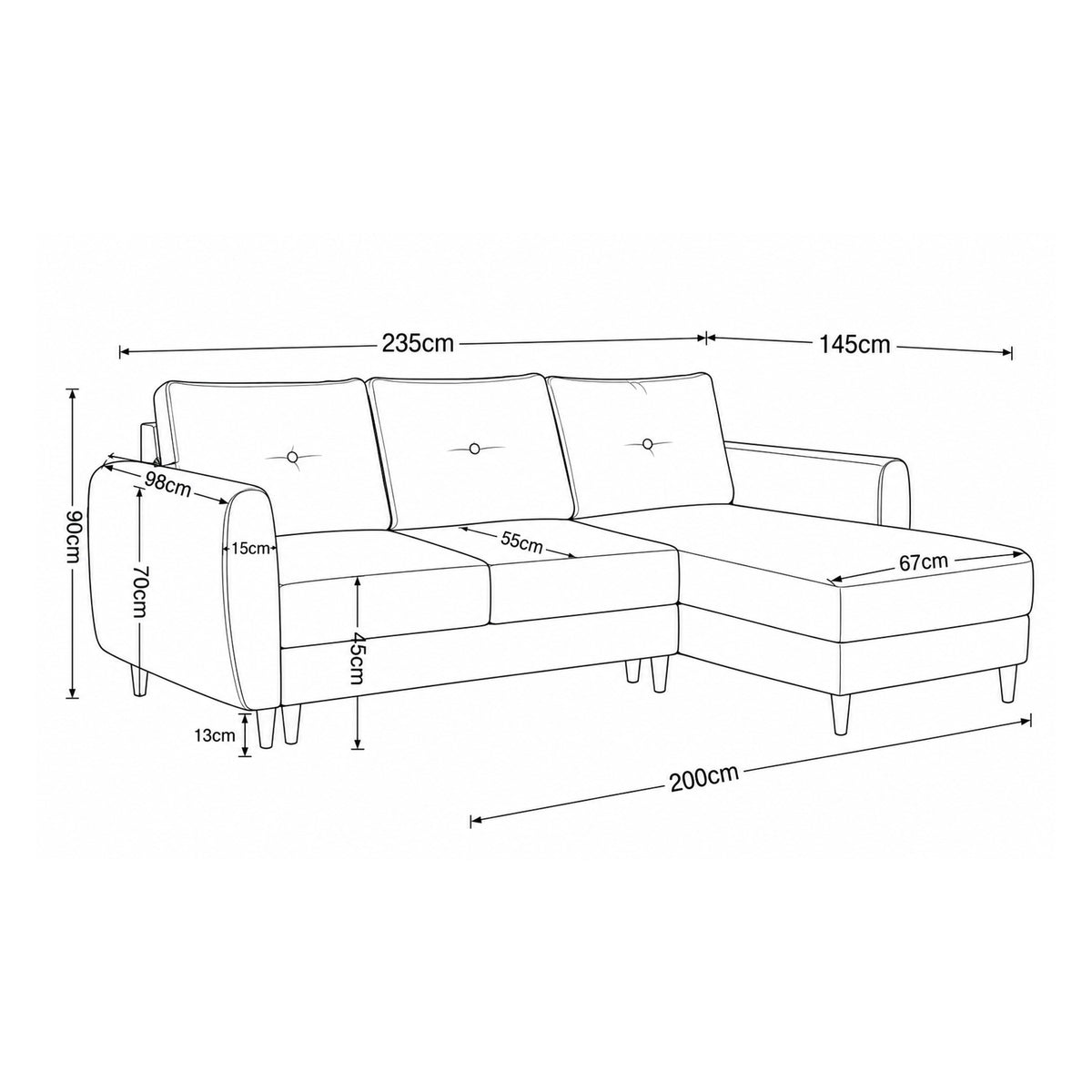 Dimension drawing of the Harmi corner sofa: width 235 cm, depth 145 cm, height 90 cm, seat 45 cm