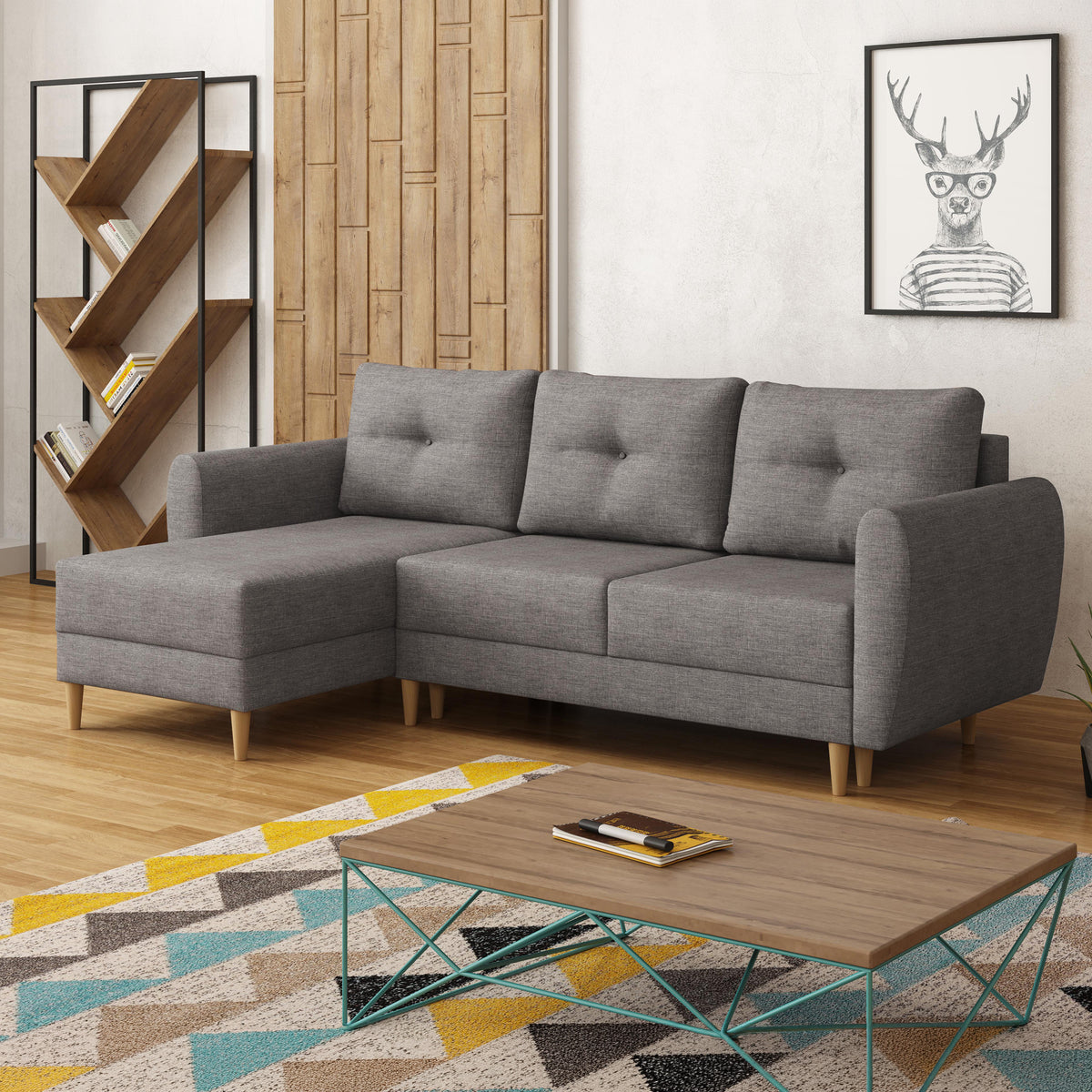 Harmi corner sofa in Silver Mist (SAWANA 05) in a Scandinavian living room with a coffee table, chaise longue on the left