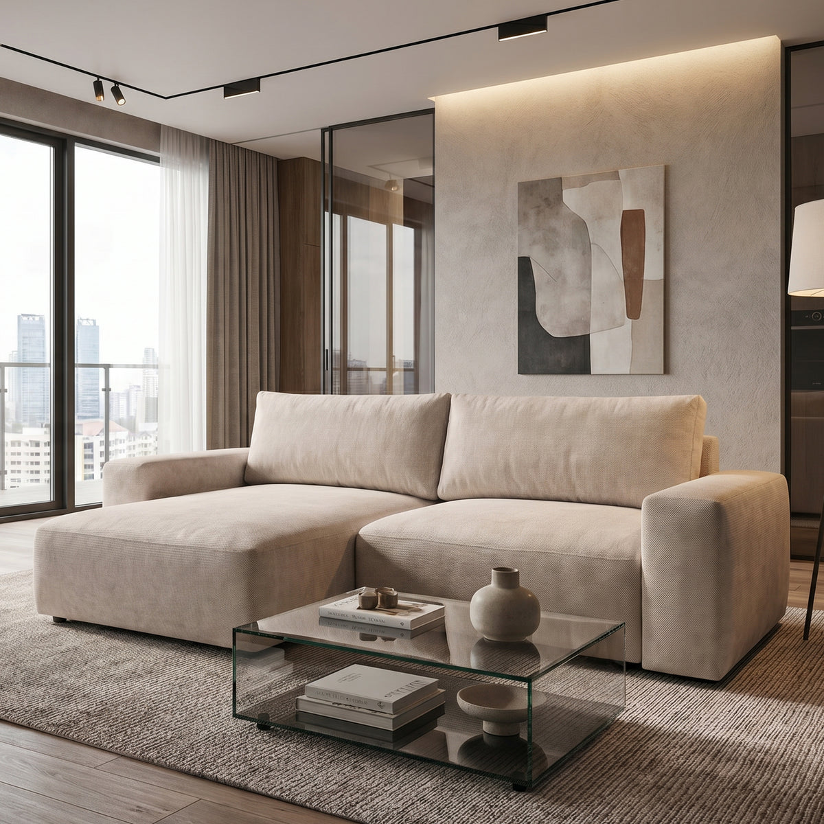 Iskeli corner sofa, Creamy Taupe (ARAGON 03), left-hand version, in a living room with a glass coffee table and a painting – living room corner sofa