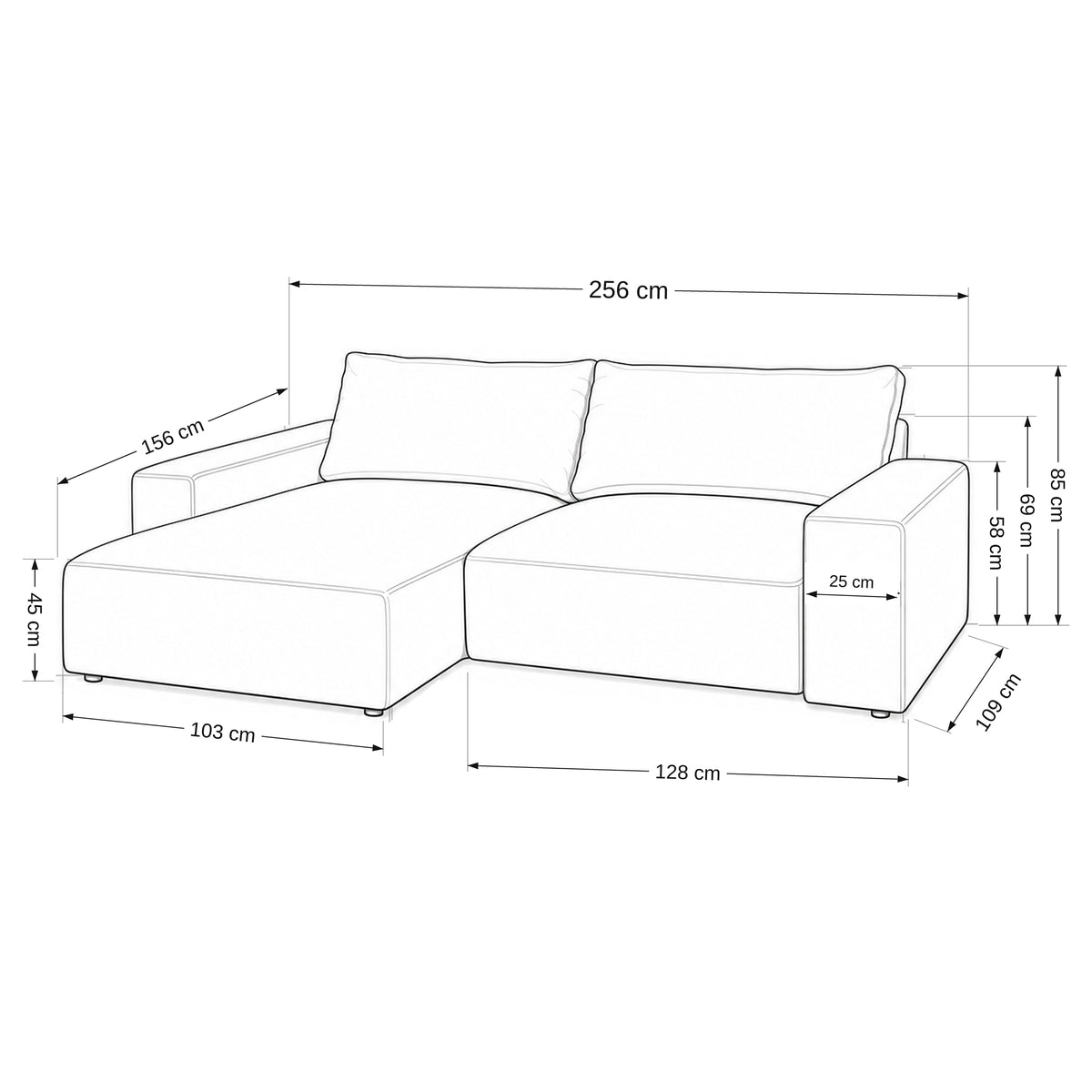Iskeli modular corner sofa – dimension drawing with depth, height, ottoman and module with armrest