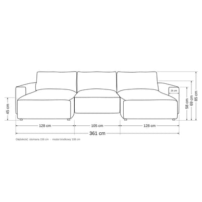 U Iskeli modular corner sofa – dimension drawing with the width of the ottomans and centre module, depth and heights