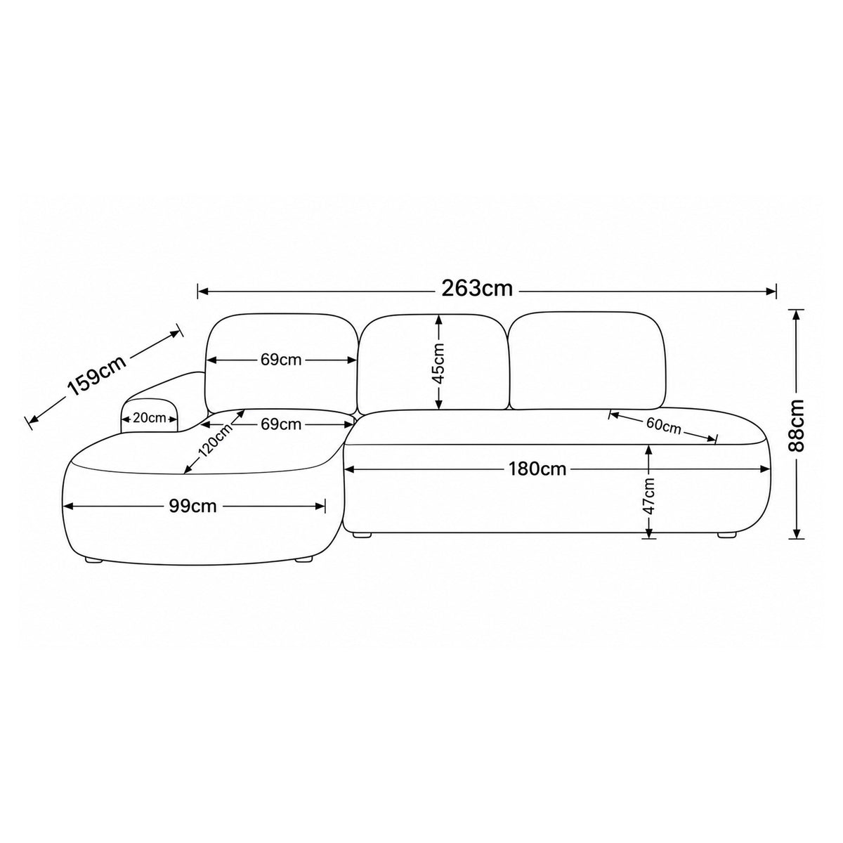 Moluni corner sofa, 263 cm – dimension drawing with width, height, depth and chaise longue and seat dimensions