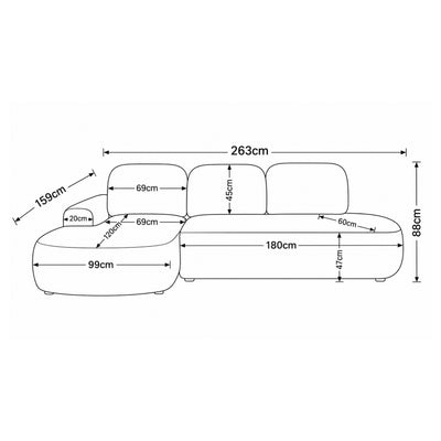 Moluni corner sofa, 263 cm – dimension drawing with width, height, depth and chaise longue and seat dimensions