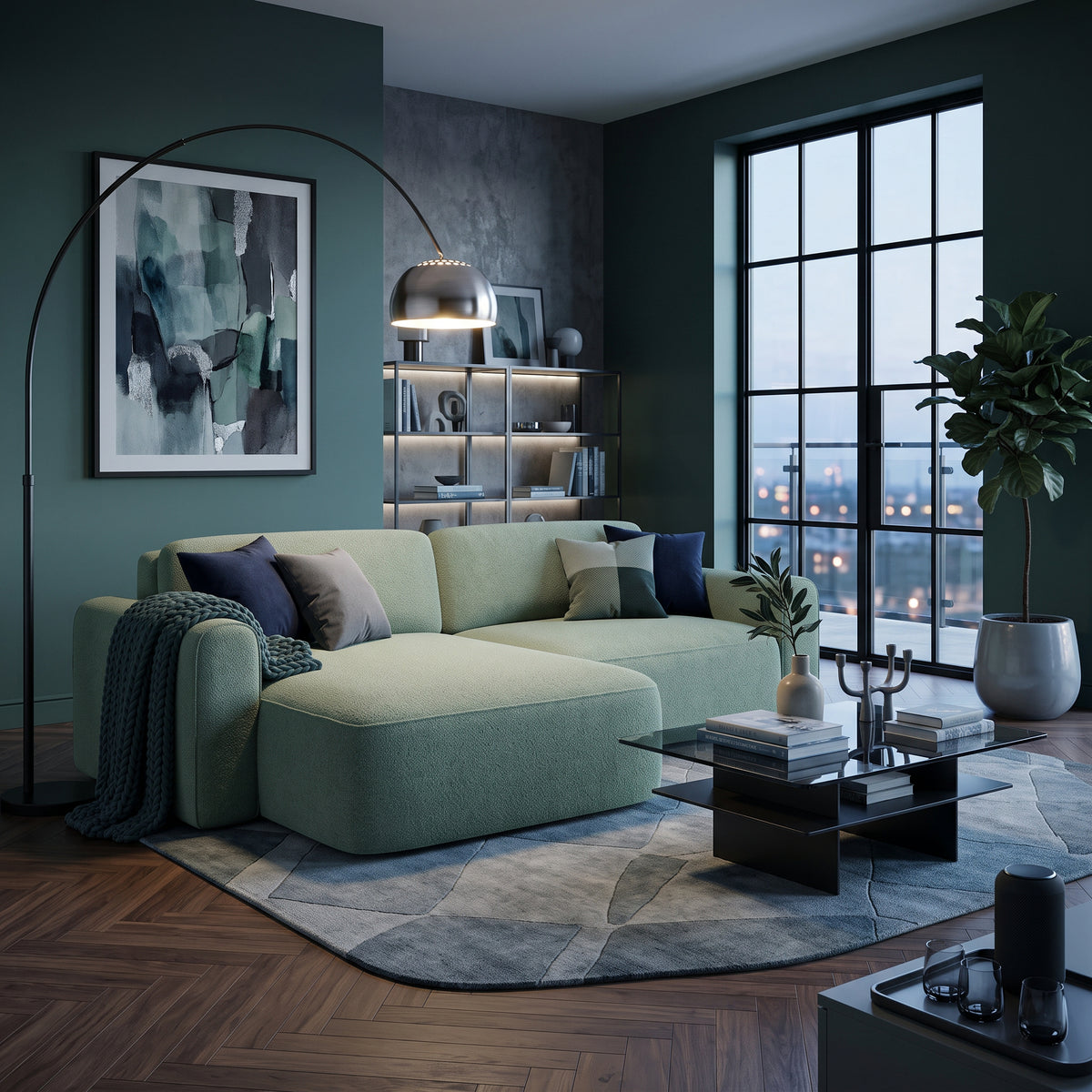 Saniri left-sided corner sofa in light green in a living room with a city view – living room corner sofa