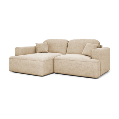 Senvali corner sofa 240 cm in Sandy Parchment (CLOUD 03), left-hand version – velour corner sofa with storage compartment, angled view