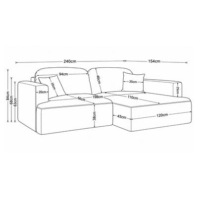 Senvali corner sofa 240 cm – dimension drawing with width, height, depth and seat and chaise longue dimensions