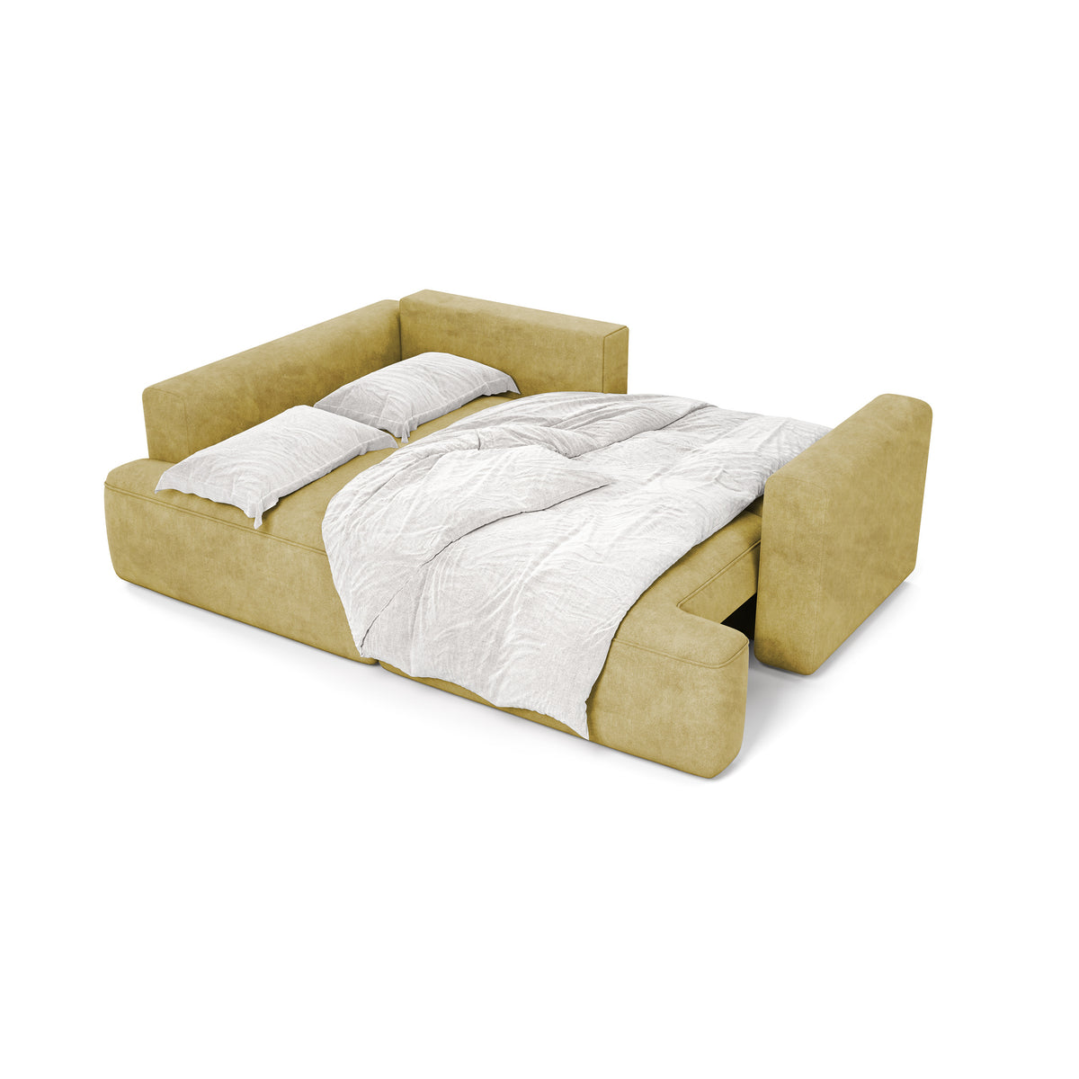 Senvali corner sofa 240 cm in Golden Sepia (CLOUD 32) unfolded with bedding – corner sofa for everyday sleeping