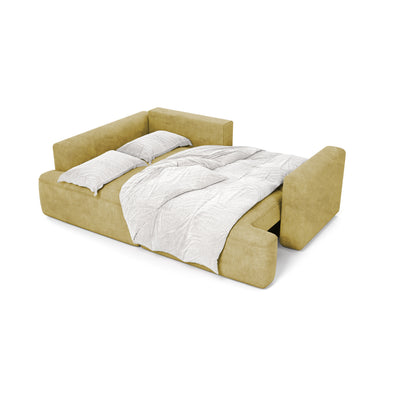 Senvali corner sofa 240 cm in Golden Sepia (CLOUD 32) unfolded with bedding – corner sofa for everyday sleeping