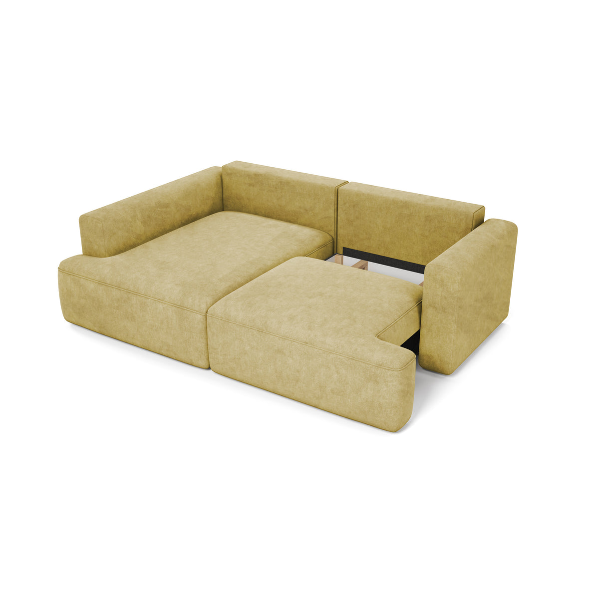 Senvali corner sofa 240 cm in Golden Sepia (CLOUD 32) being unfolded – extended seat and bedding storage compartment