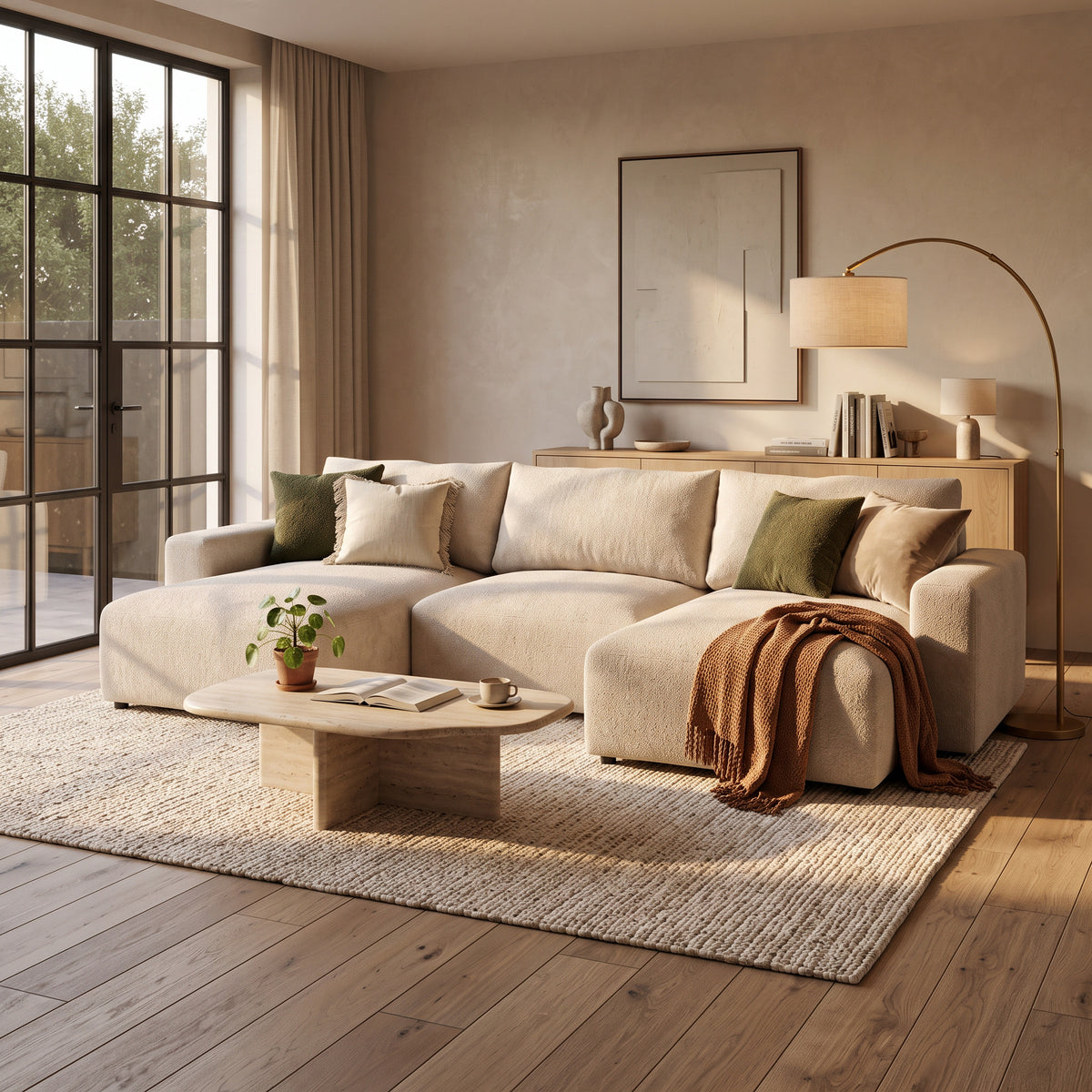 U Iskeli corner sofa in Creamy Taupe (ARAGON 03) in a bright living room with a stone coffee table, a lamp and a blanket – corner sofa for the living room