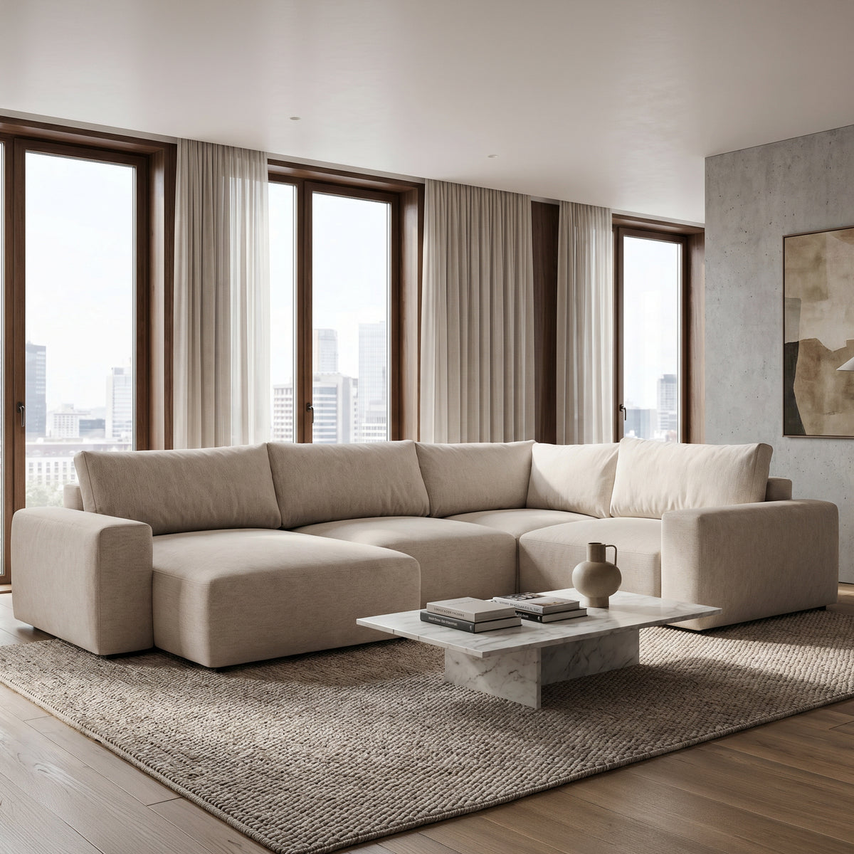 UL Iskeli Plus Creamy Taupe (ARAGON 03) left-hand corner sofa in a living room with large windows and a marble coffee table