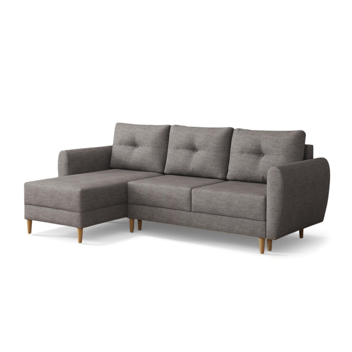 Harmi corner sofa bed 235 cm in Silver Mist (SAWANA 05), left-hand version, quilted cushions and wooden legs