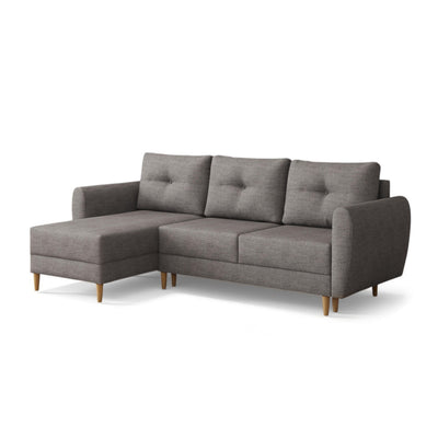 Harmi corner sofa bed 235 cm in Silver Mist (SAWANA 05), left-hand version, quilted cushions and wooden legs