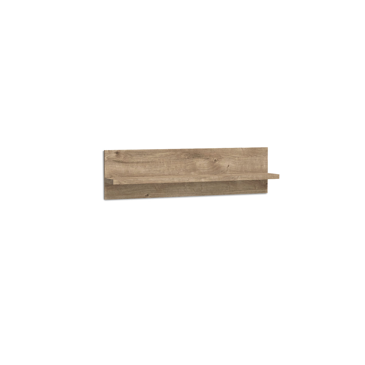 Półka ścienna Korin 120x32 w kolorze dąb – wisząca półka na ścianę z tylną płytą, widok z ukosa